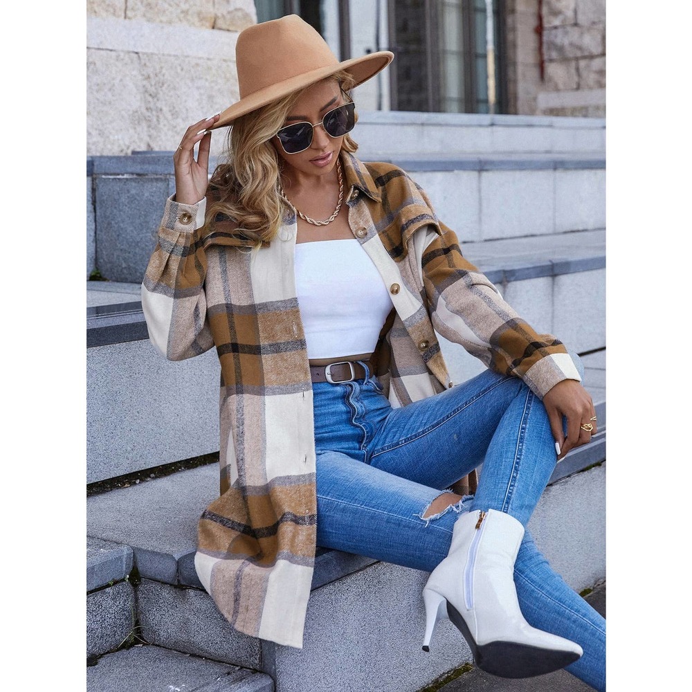 Plaid Print Drop Shoulder Overcoat long shacket boyfriend jacket tan khaki - Picture 8 of 11